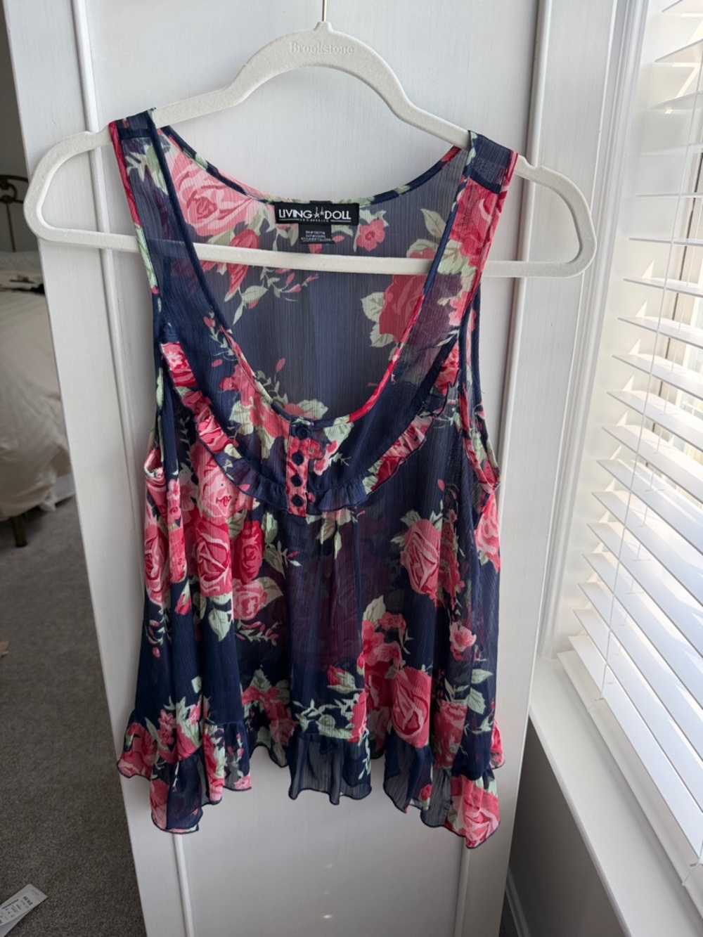 Living Doll Navy Floral Ruffle Hem Sheer Tank